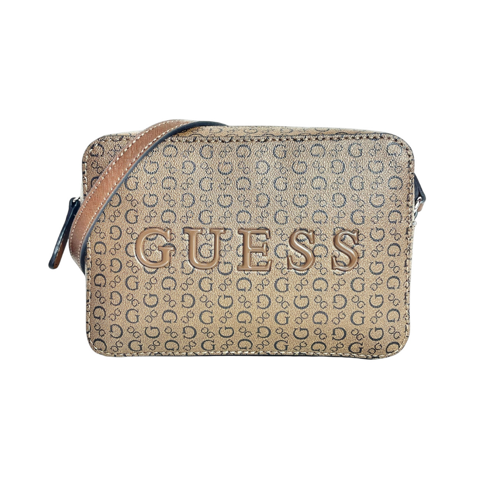 Bolso Guess crossbody Café, estampado y letras cafés
